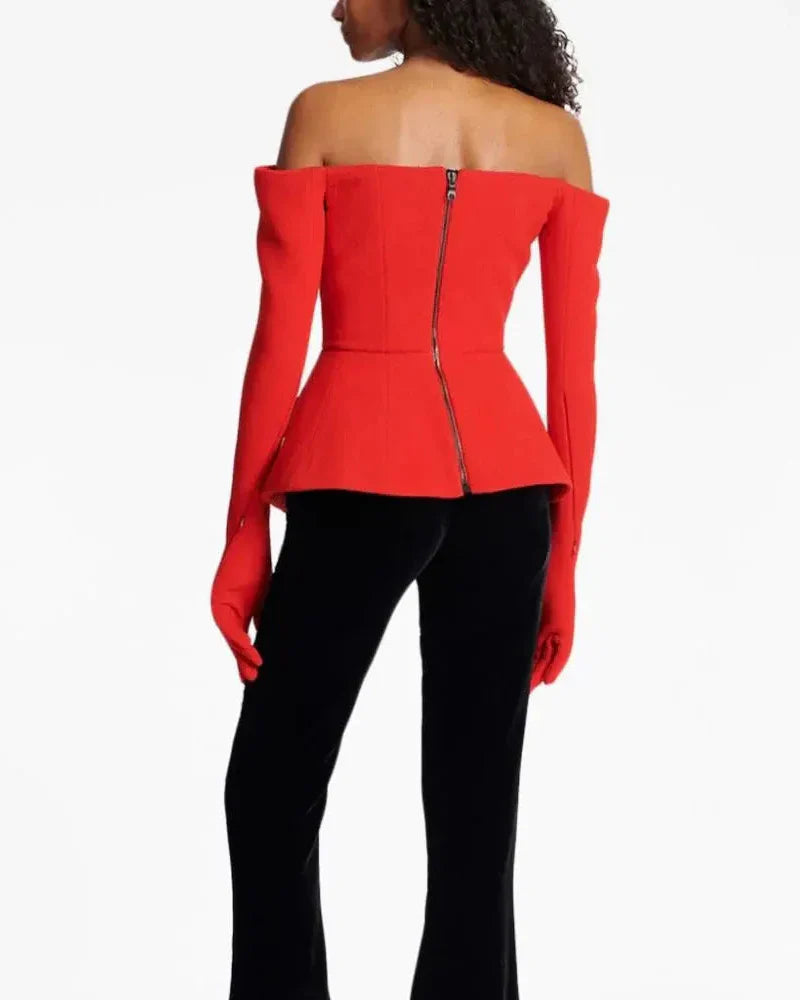 Red off-shoulder blazer with sculpted waist