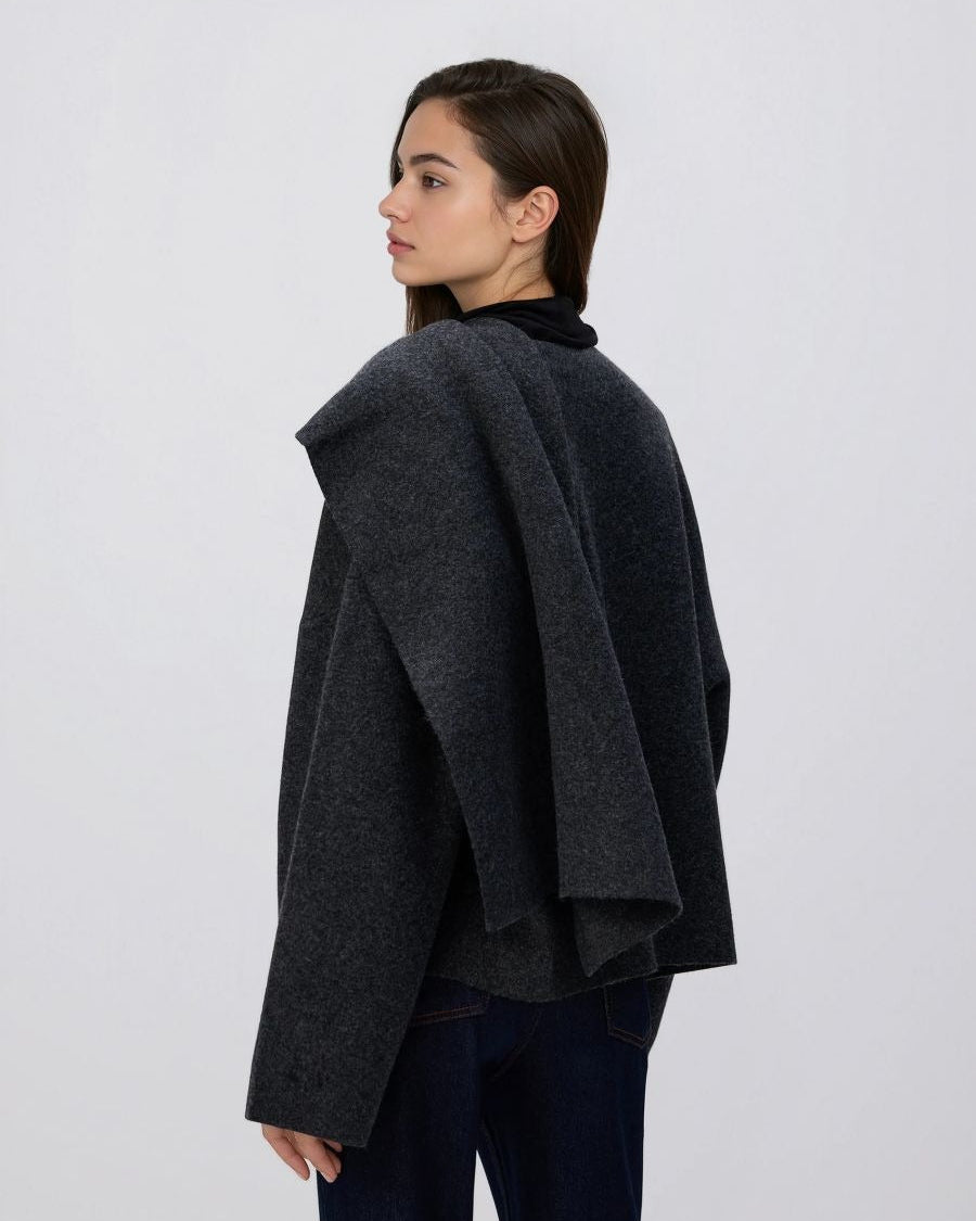 Anthracite Black draped poncho with asymmetric hem