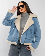 Light blue denim jacket with asymmetric zipper and cream trim