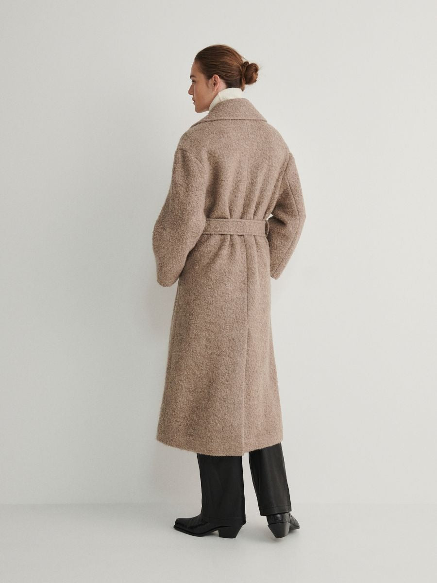 Taupe long coat with tie belt