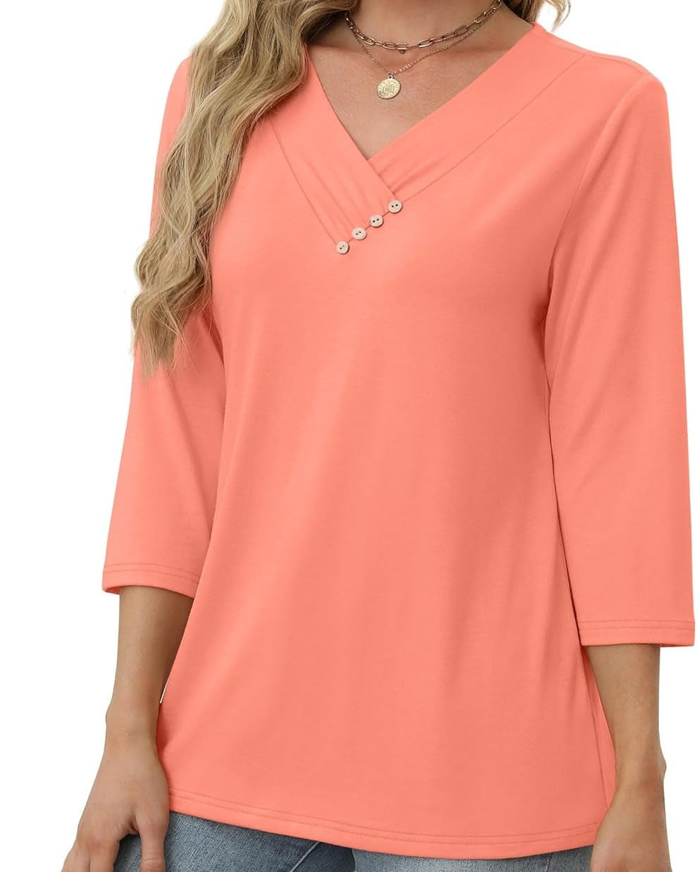 V-neck top with gathered front and decorative buttons