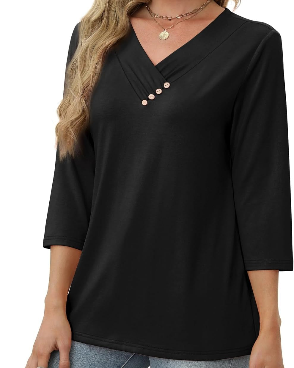V-neck top with gathered front and decorative buttons