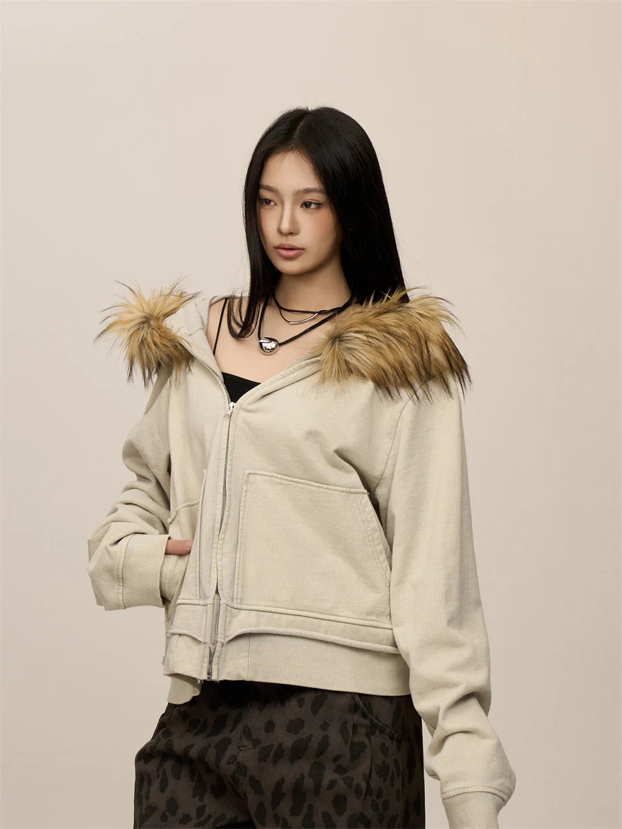 Beige oversized jacket with brown furry hood