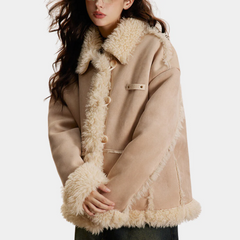 Beige buttoned jacket with cream-white fluff trim