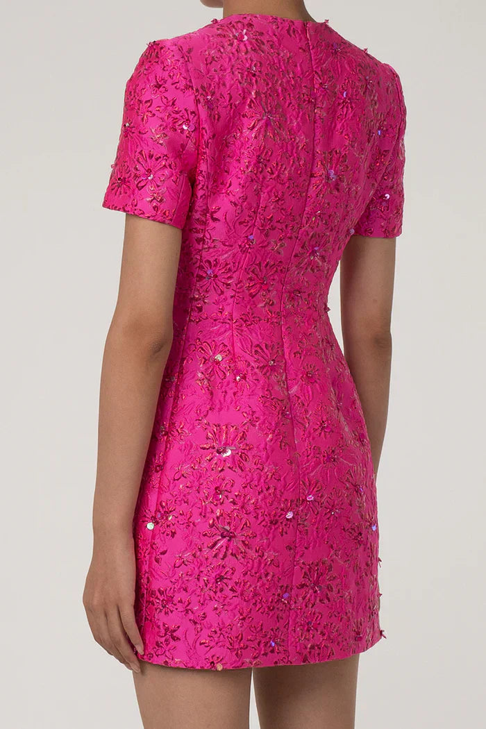 Pink flower embroidered mini dress