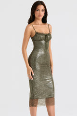 Midiklänning av olivgrön spets