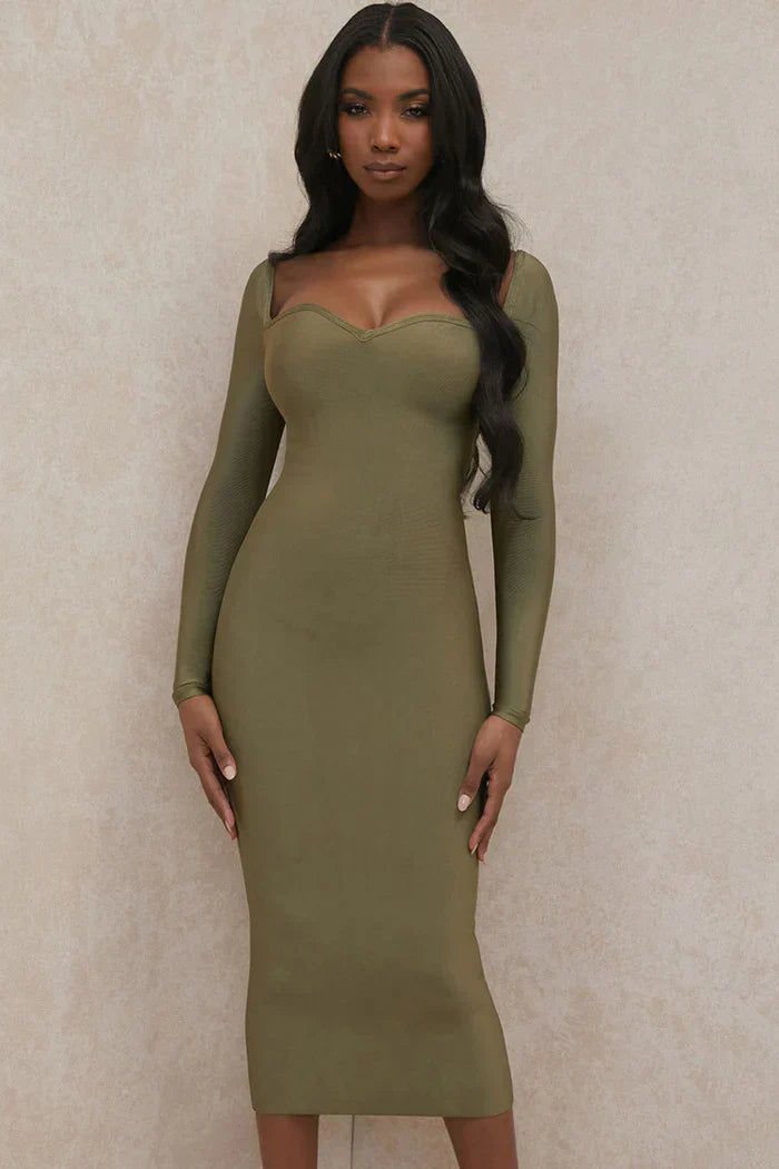 Olive green sweetheart neckline bodycon dress