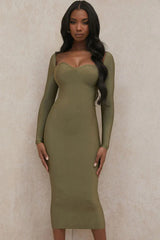 Olive green sweetheart neckline bodycon dress