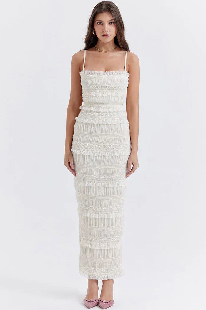 Long white structured dress with thin straps