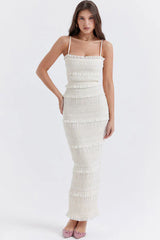 Long white structured dress with thin straps