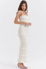 Long white structured dress with thin straps