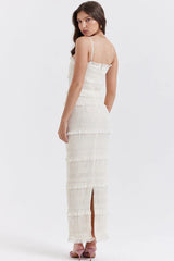 Long white structured dress with thin straps