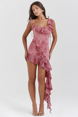 Tryckt rosa miniklänning med volanger