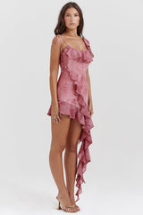 Tryckt rosa miniklänning med volanger