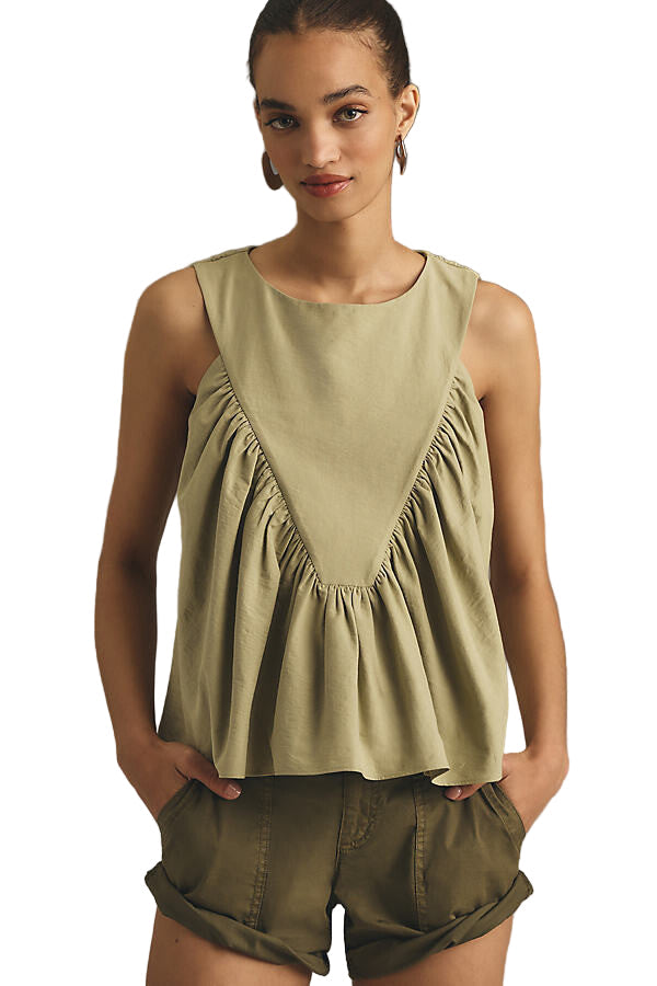 Khaki sleeveless top with ruched front