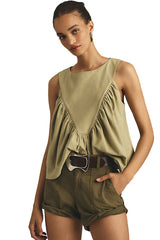 Khaki sleeveless top with ruched front