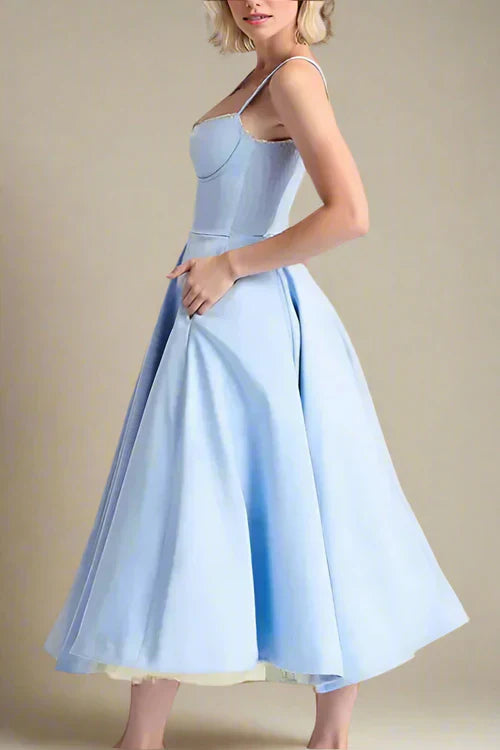 Corset midi dress with lace and thin straps