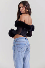 Svart off shoulder-korsett med ekologisk päls