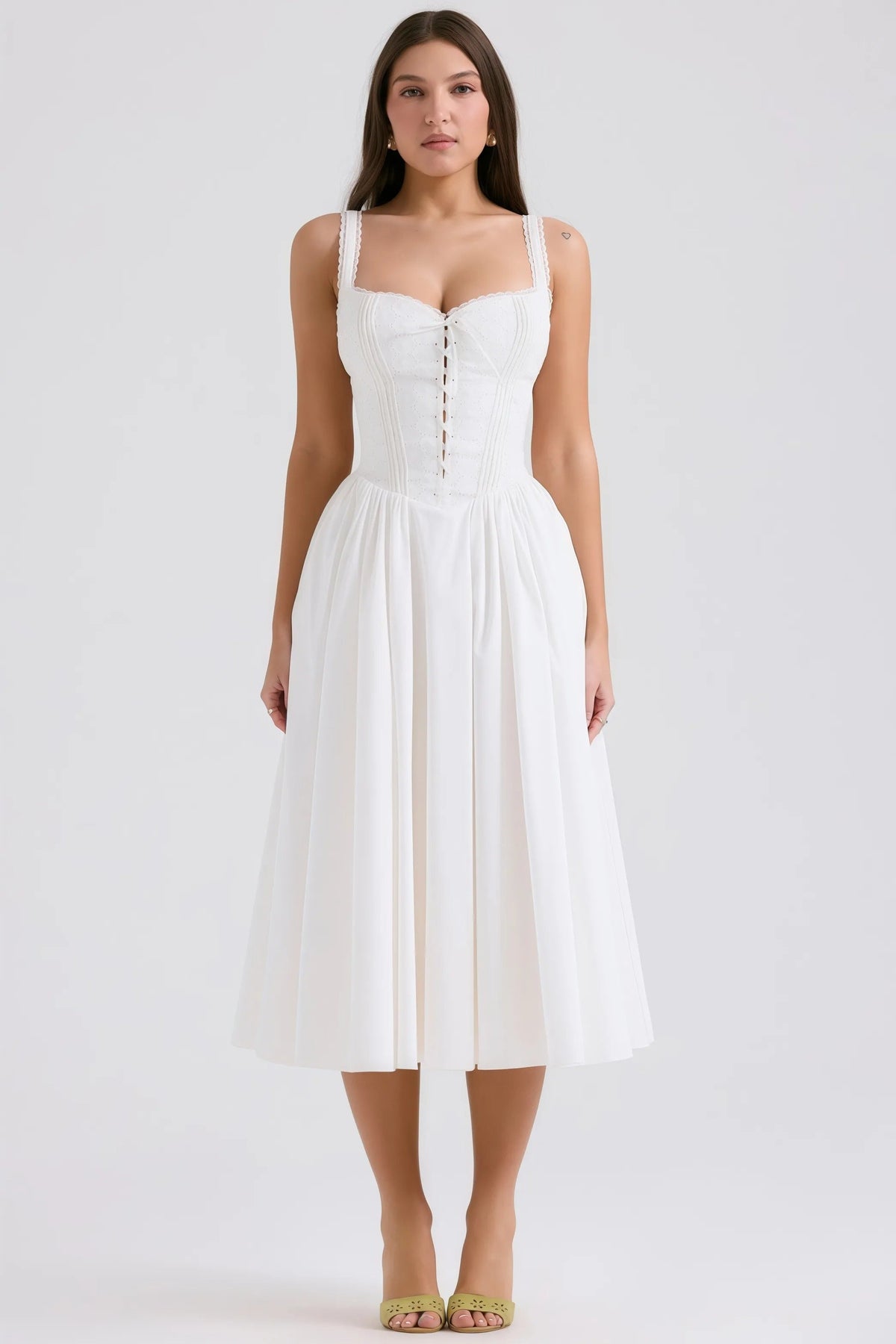 White midi corset dress with lace trim