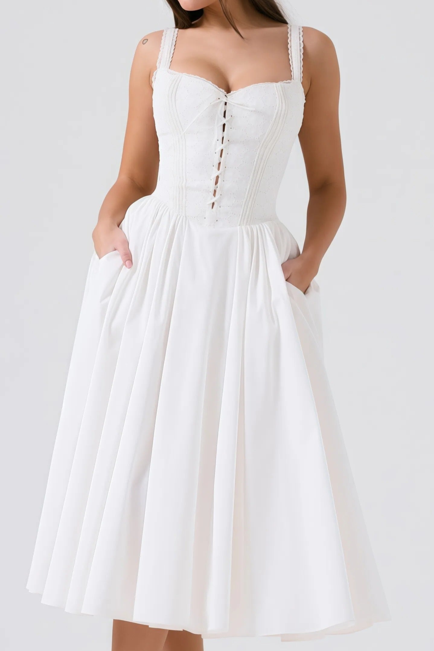 White midi corset dress with lace trim