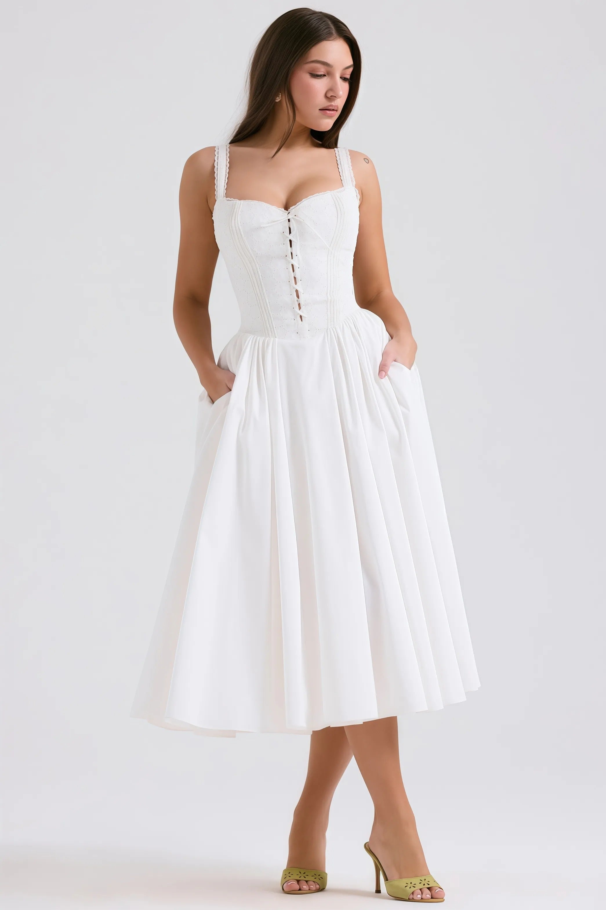 White midi corset dress with lace trim