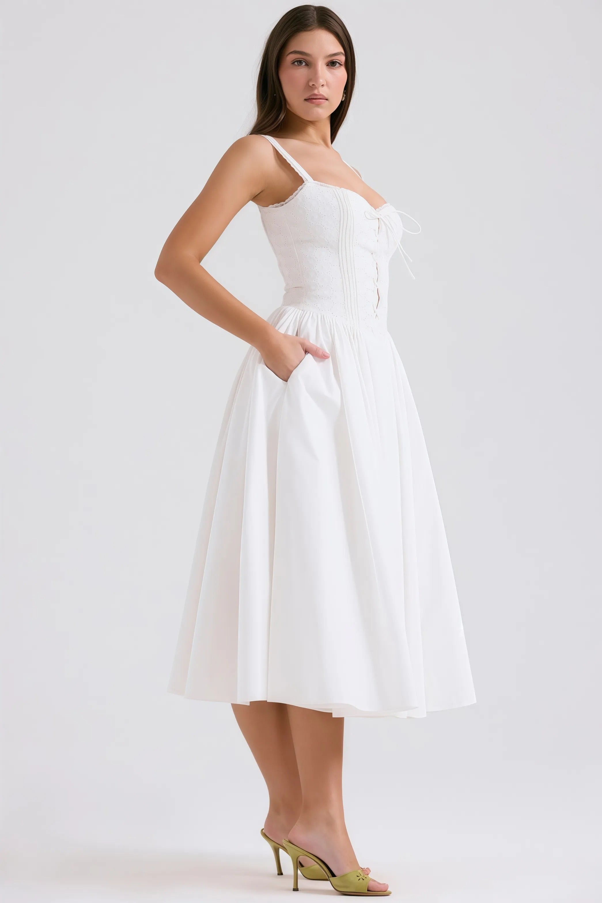White midi corset dress with lace trim