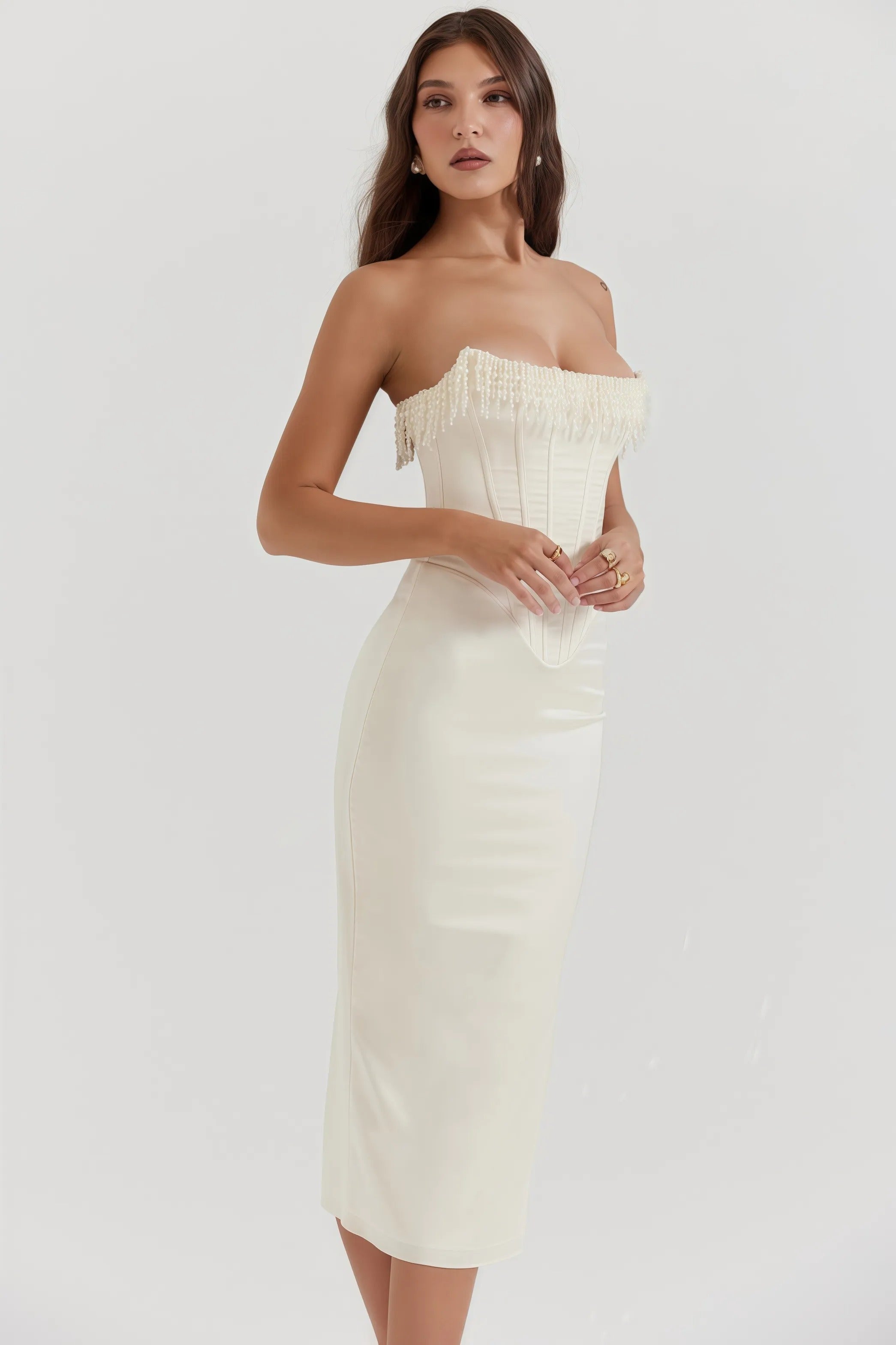 Ivory strapless midi dress with pearl details