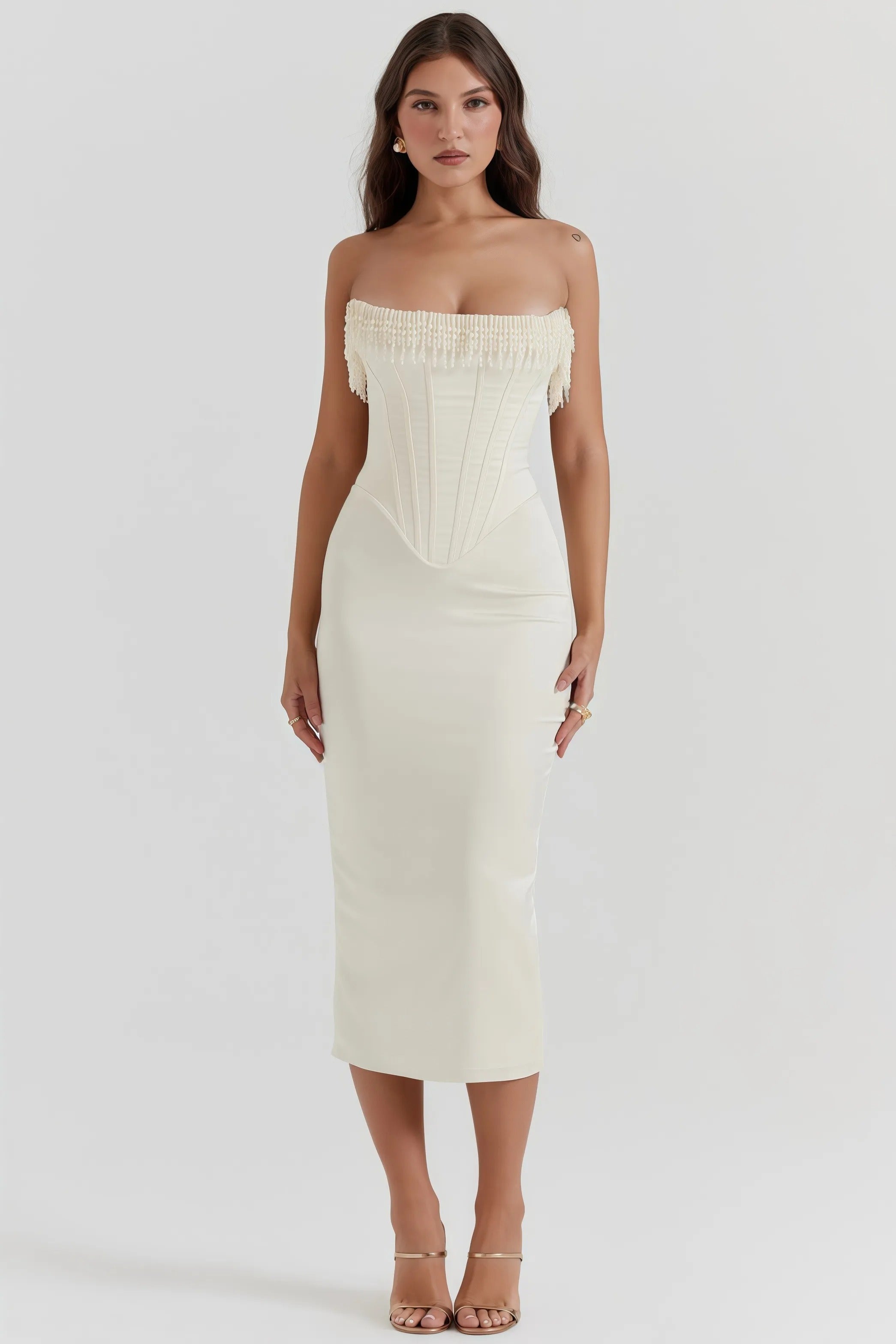 Ivory strapless midi dress with pearl details