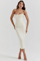 Ivory strapless midi dress with pearl details