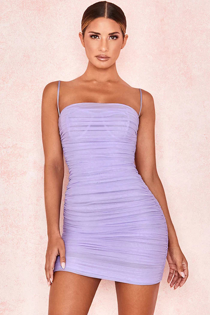 Lilac spaghetti strap pleated mini dress