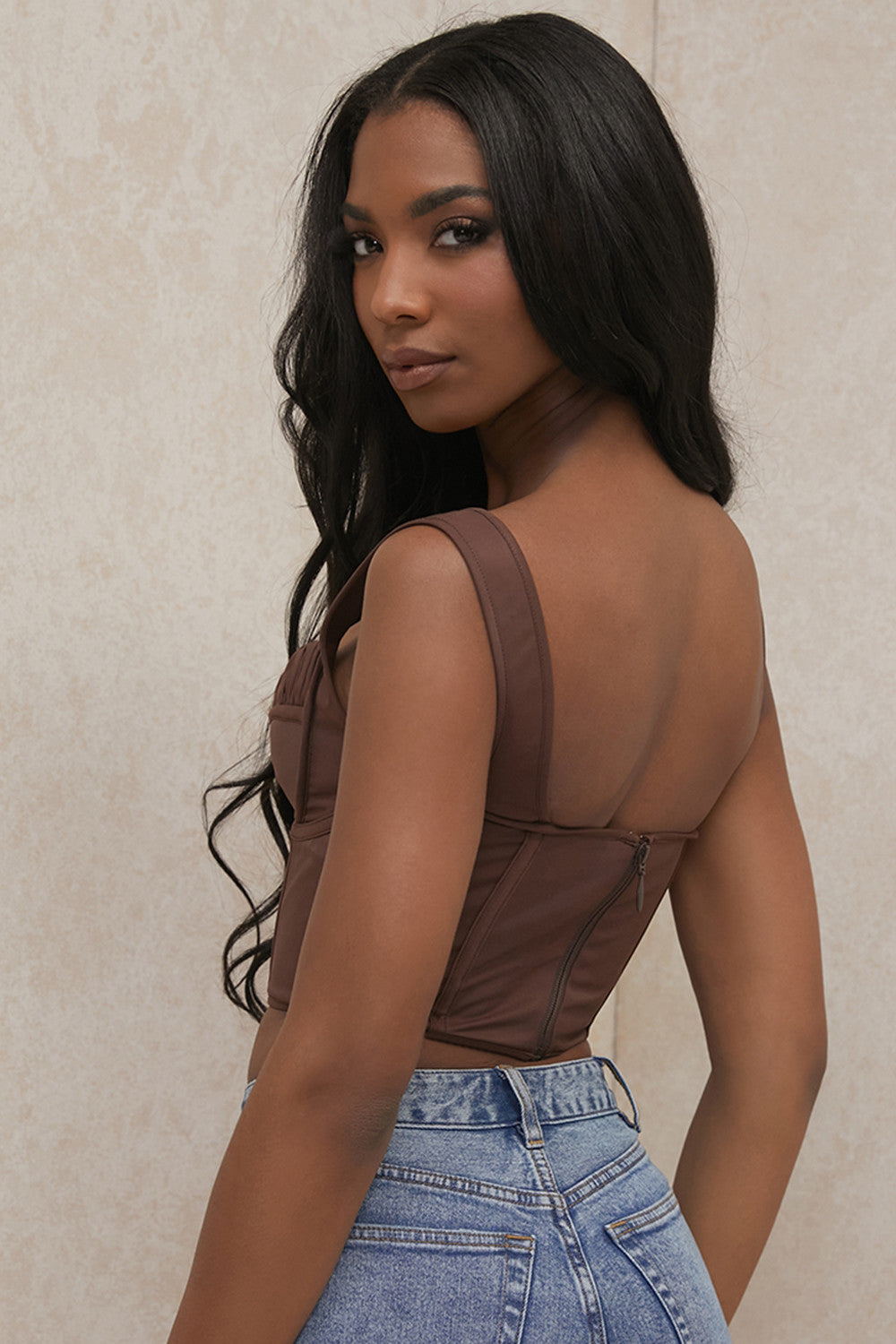 Chokladkorsettöverdel med dragkedja i ryggen