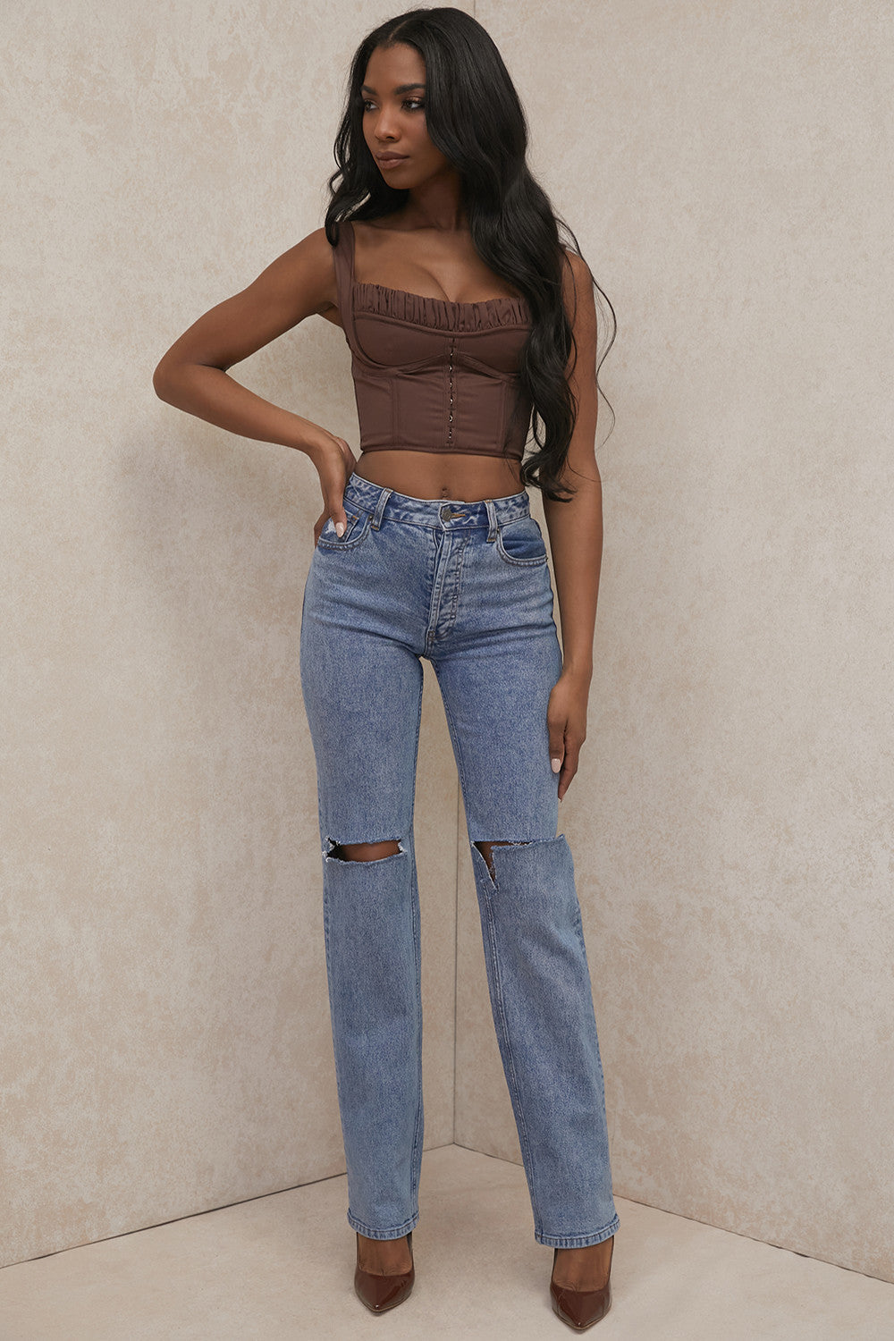 Chokladkorsettöverdel med dragkedja i ryggen