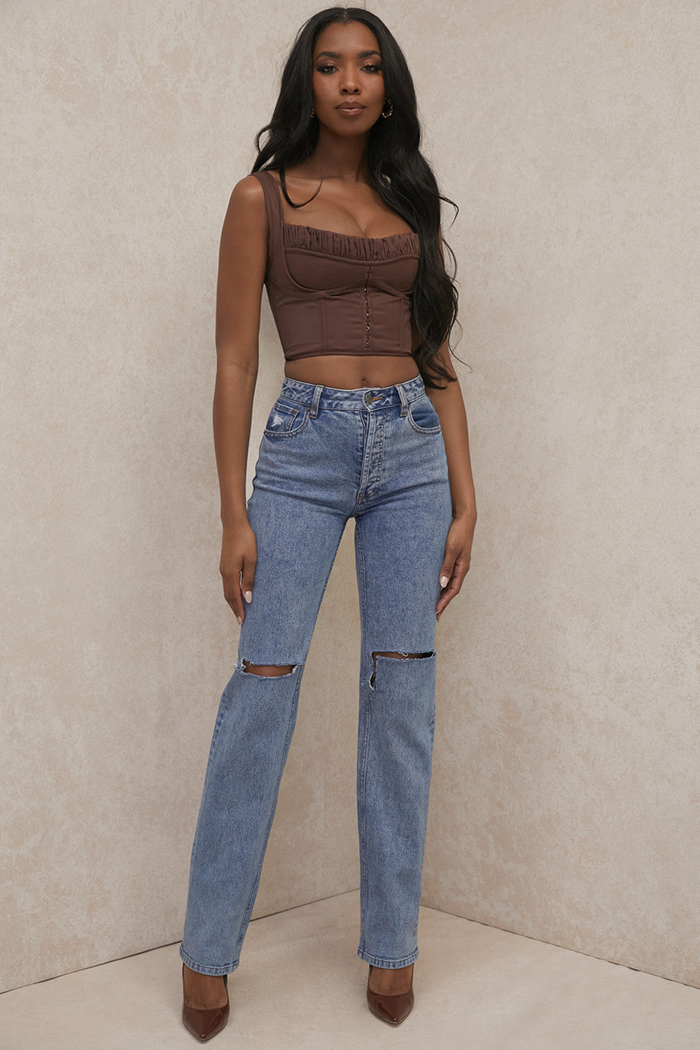 Chokladkorsettöverdel med dragkedja i ryggen