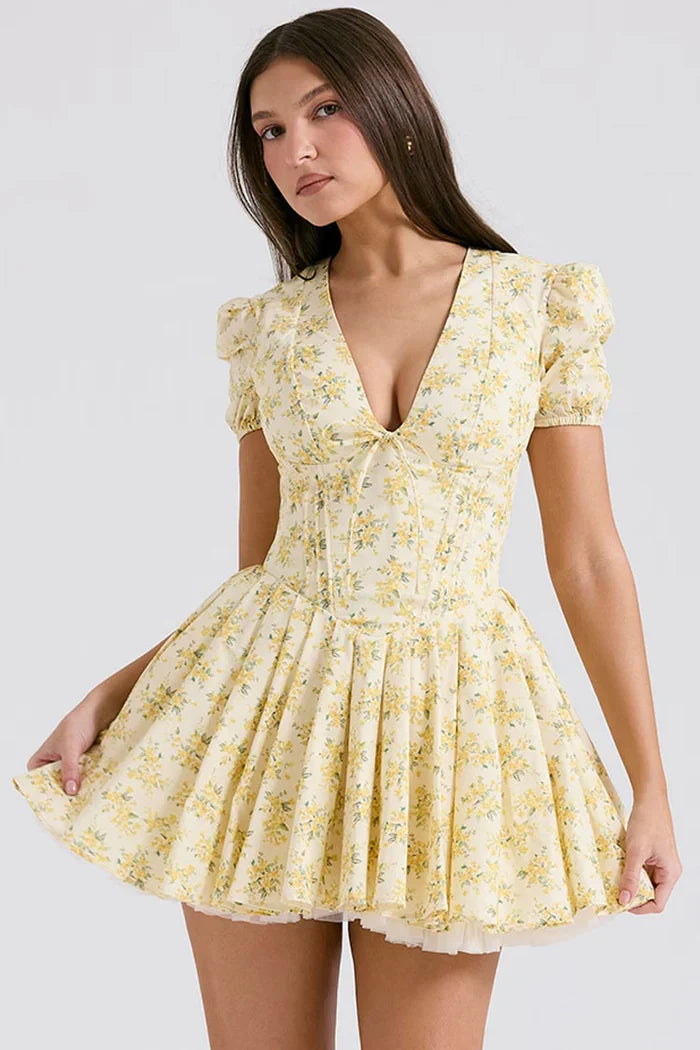 Yellow floral print mini dress with puff sleeves
