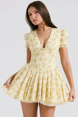 Yellow floral print mini dress with puff sleeves