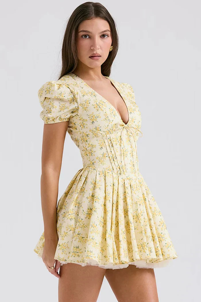 Yellow floral print mini dress with puff sleeves