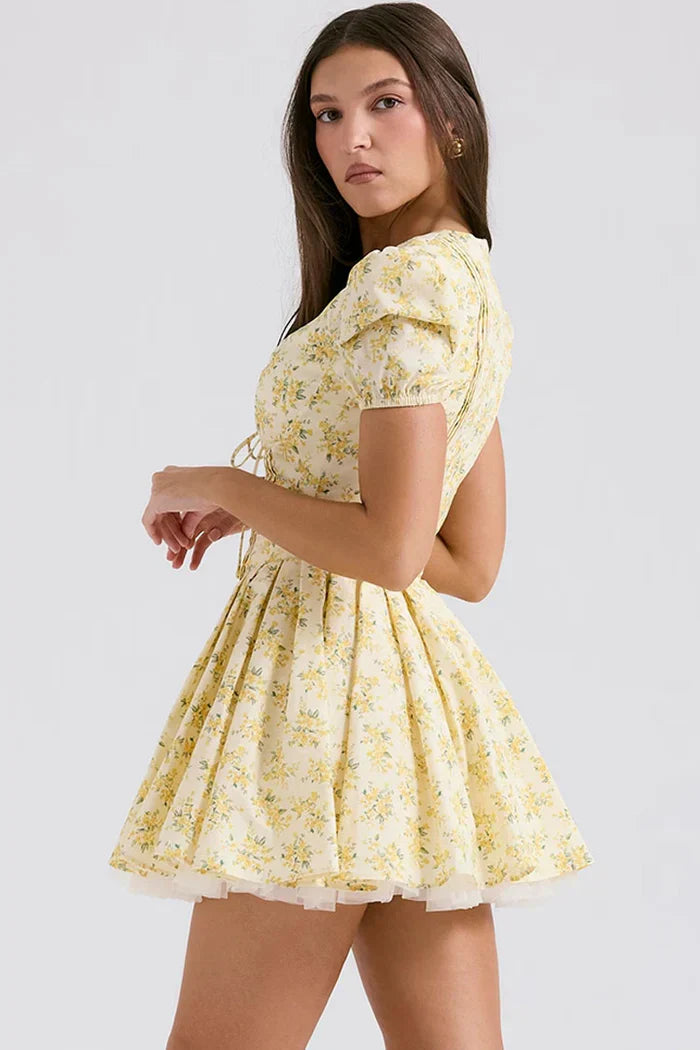 Yellow floral print mini dress with puff sleeves