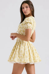 Yellow floral print mini dress with puff sleeves