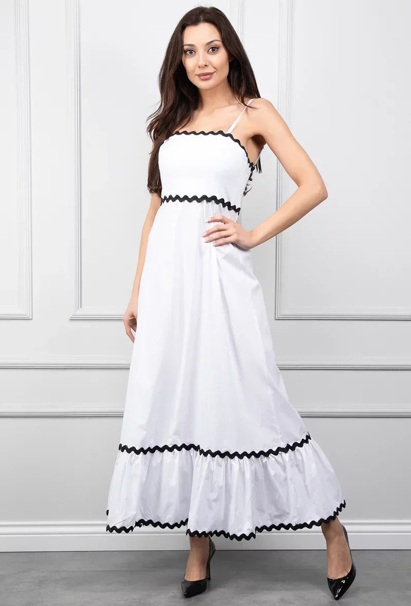 Long white dress with black trim
