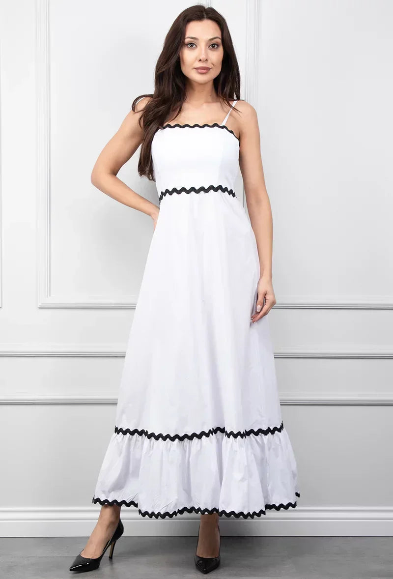 Long white dress with black trim