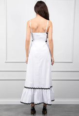 Long white dress with black trim