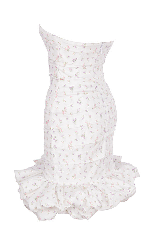 Vit axelbandslös klänning med blommönster
