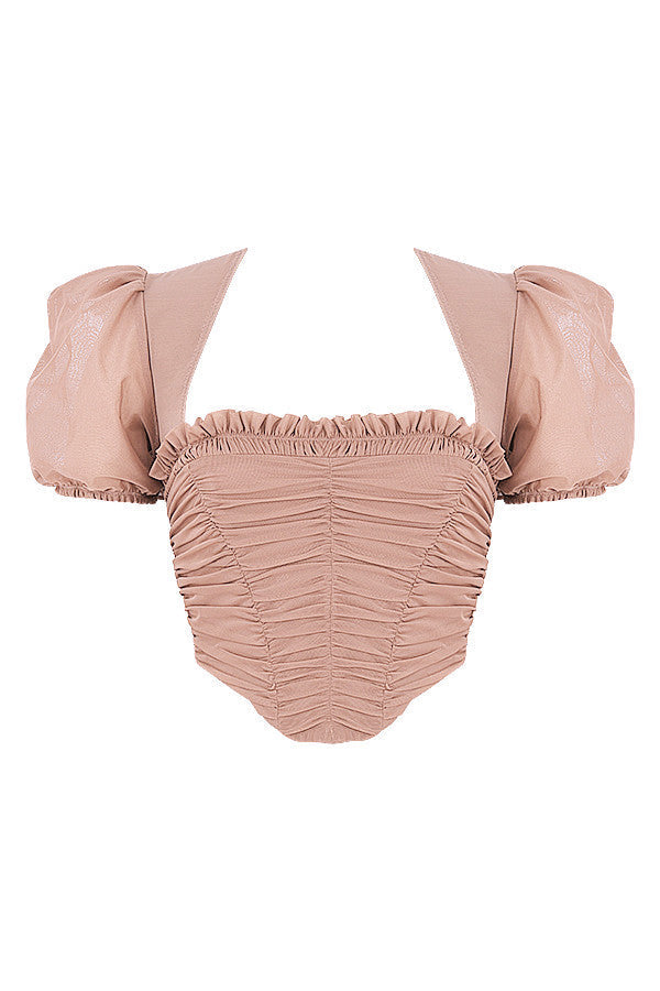 Korsett i brunt nät med puffärmar och veck