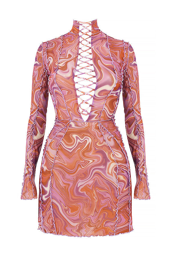 Tryckt miniklänning med spets framtill