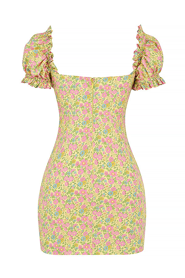 Floral print mini dress with puff sleeves