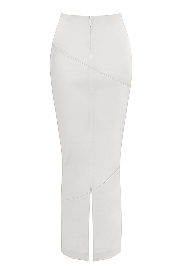 Lång korsett i elfenbensfärgad satin med utskuren lång kjol