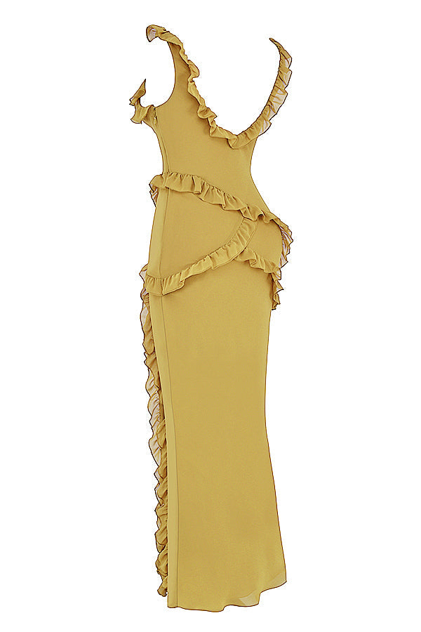 Långklänning med oregelbundna volanger