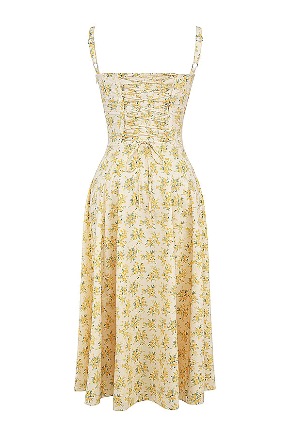 Yellow floral corset midi dress