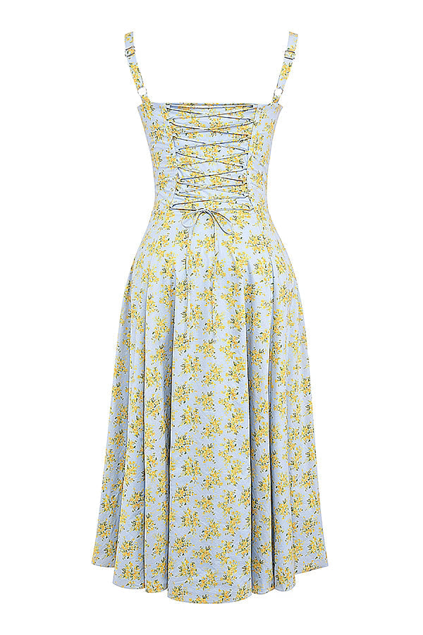 Light blue floral print corset midi dress