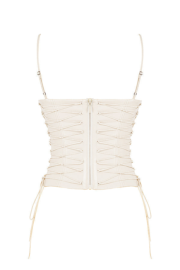 Kräm vegansk läderkorsett med draperad midikjol